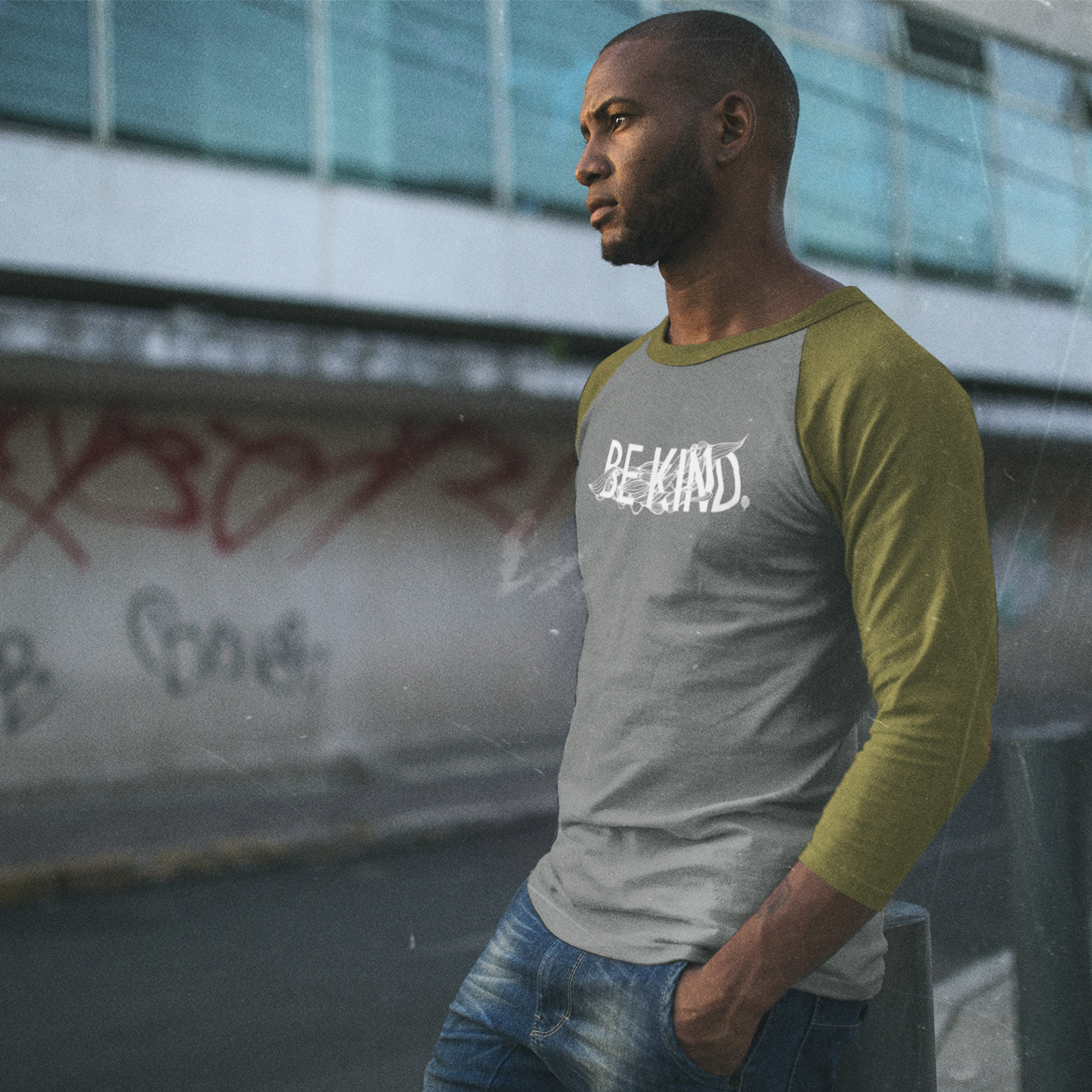 BE KIND | unisex 3/4 sleeve baseball tee | gray/green