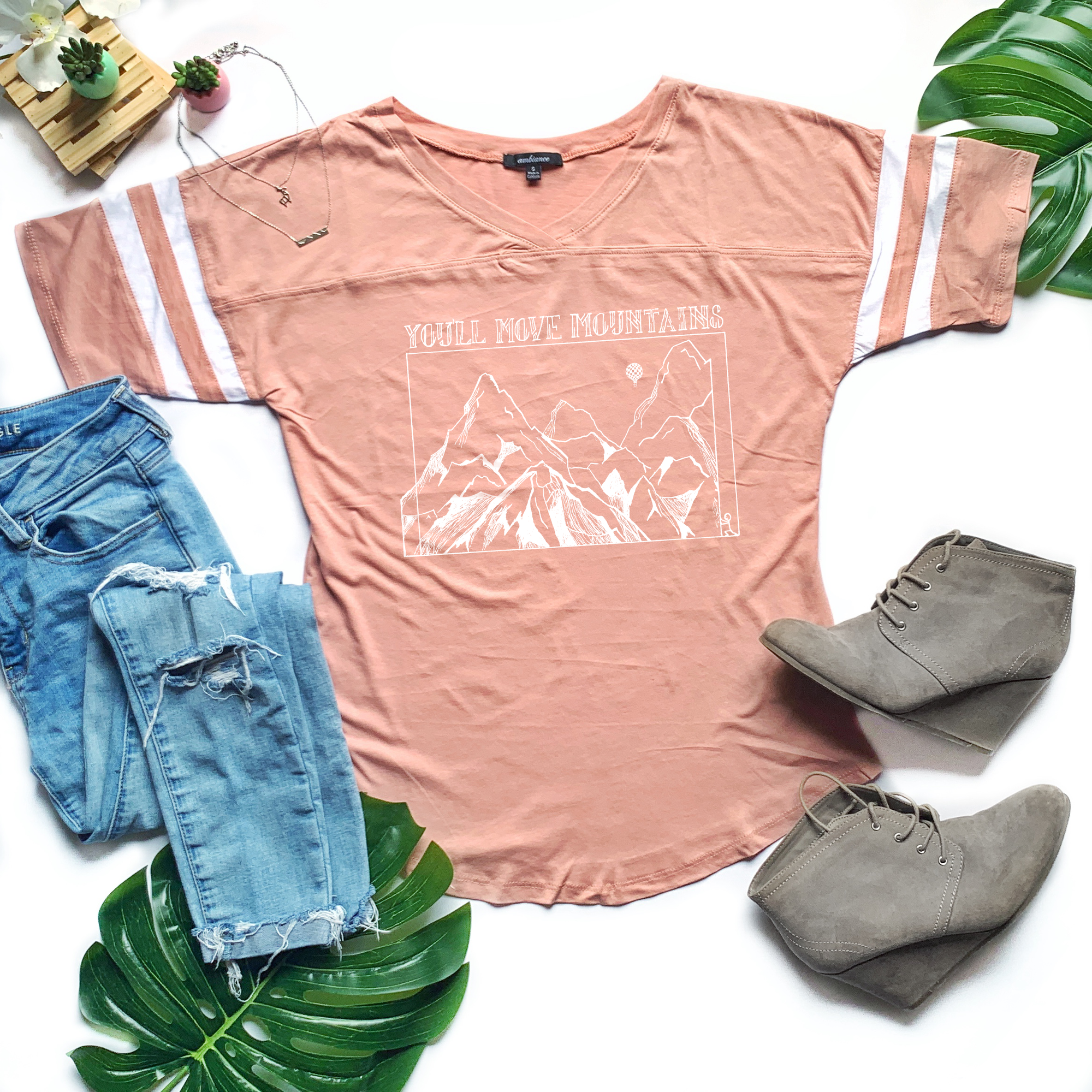 YOU'LL Move MOUNTAINS | women vneck stripe sleeve | pink
