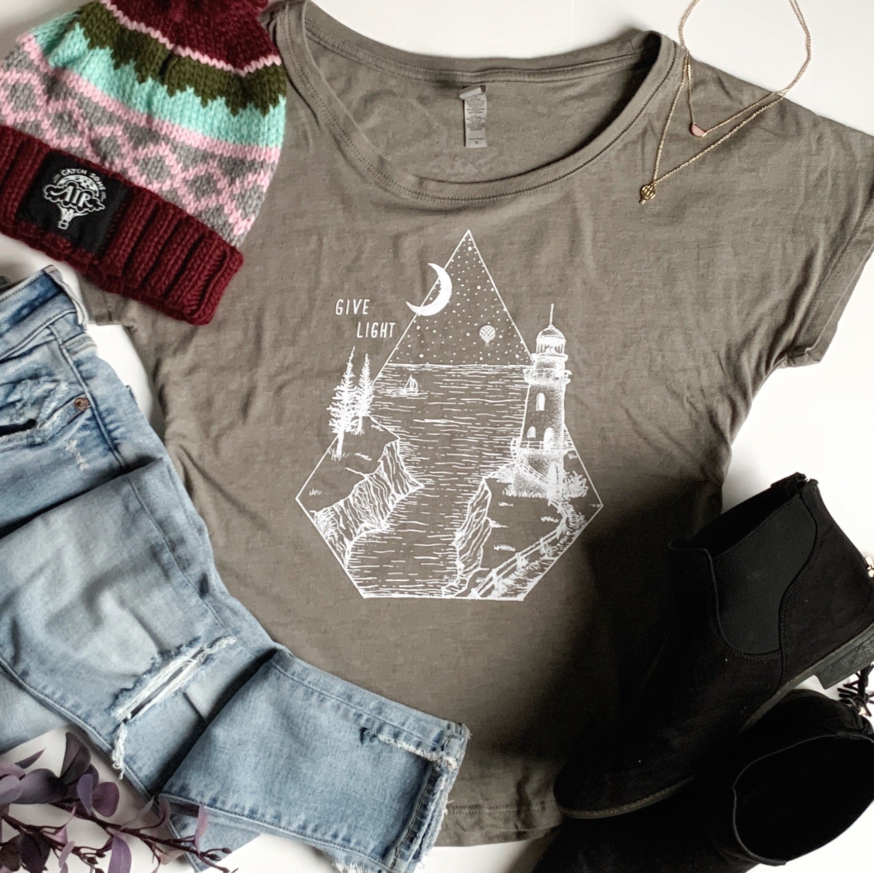 GIVE LIGHT | women scoop tee | venetian gray