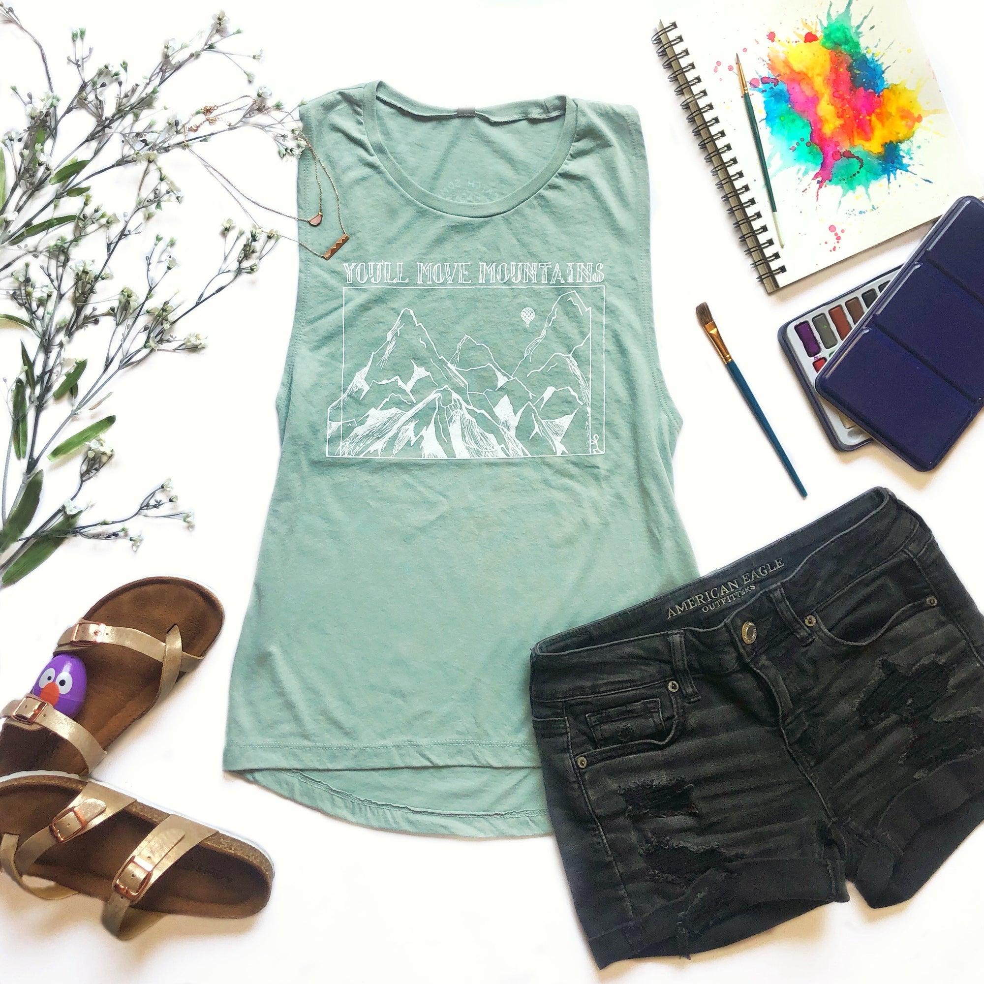 YOU'LL Move MOUNTAINS | women muscle tank | stonewash green