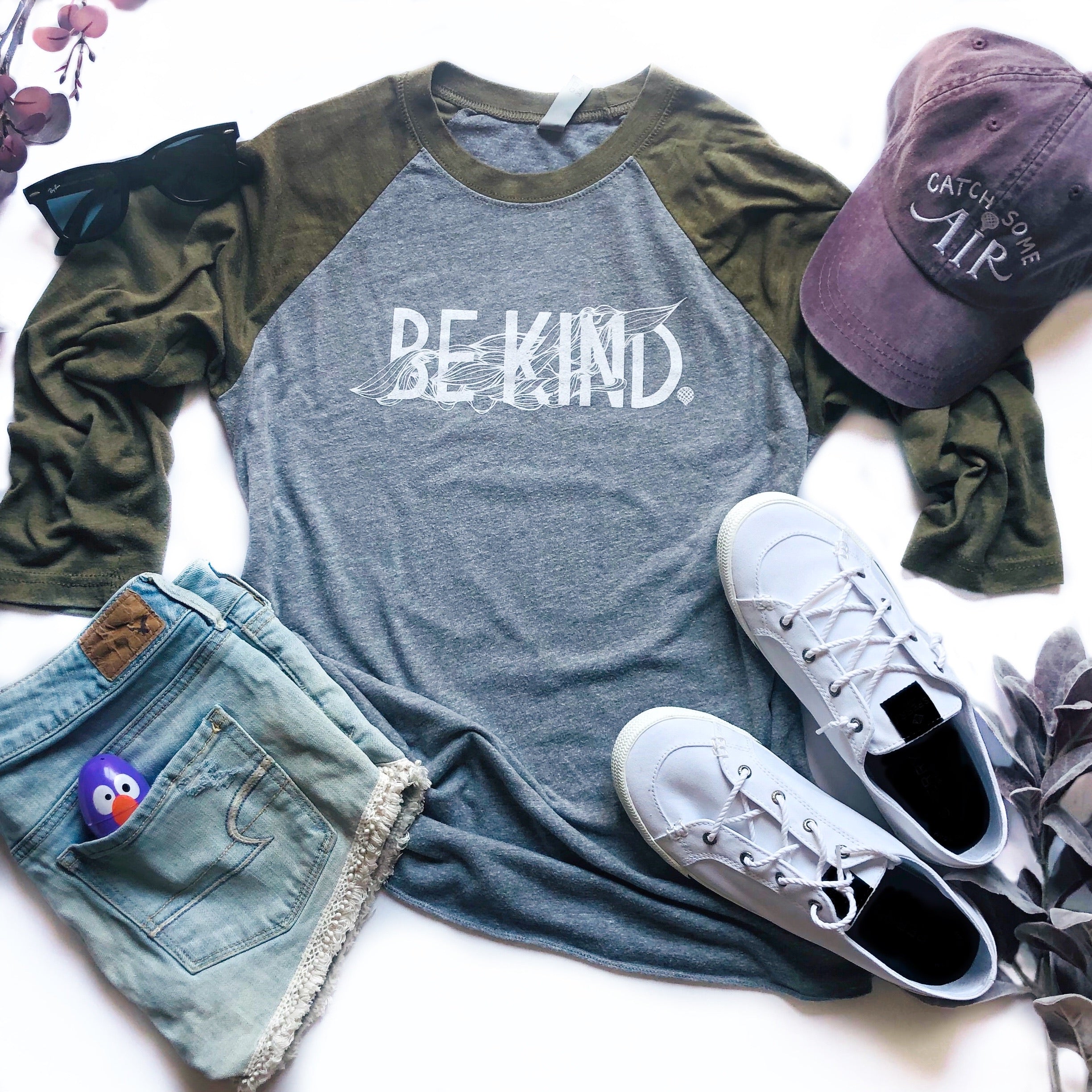 BE KIND | unisex 3/4 sleeve baseball tee | gray/green